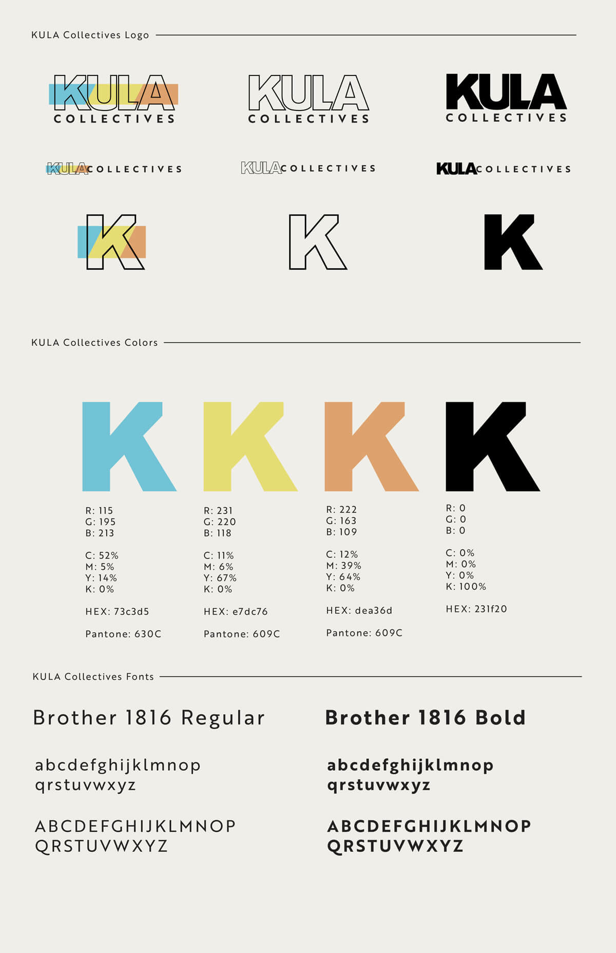 Kula Collective logo system and brand sheet by Stellen Design Branding Agency in Los Angeles CA showing how logos work as a system and not just by themselves