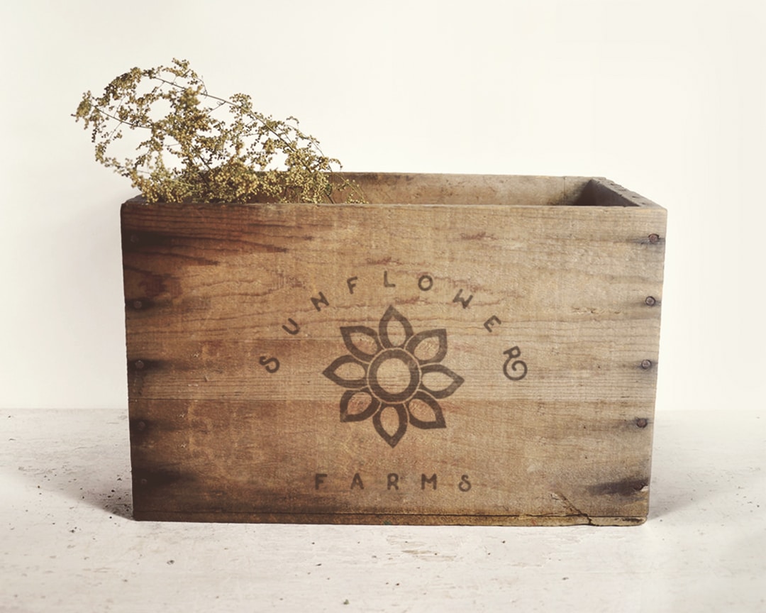Sunflower Farms Wood Crate Box by Stellen Design Branding in Los Angeles CA for Sun Flower Farms Nursery