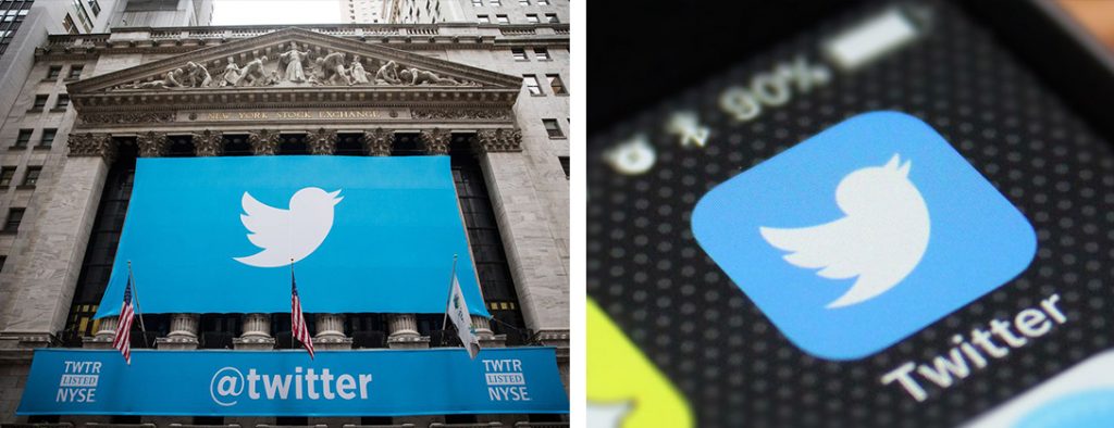 Twitter logo on side of New York Stock Exchange and Twitter logo on iPhone app used to show end use of logo design on Stellen Designs post on graphic design tips for a timeless logo and brand