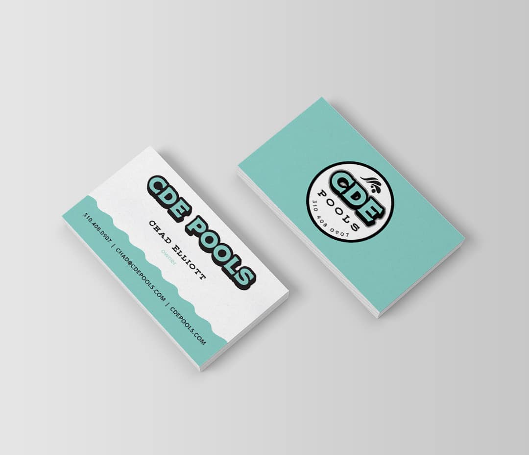 CDE Pool Service Teal Badge Style Logo Designed by Stellen Design Graphic Design and Branding in Los Angeles Ca using Water Elements for the Logo Business Cards