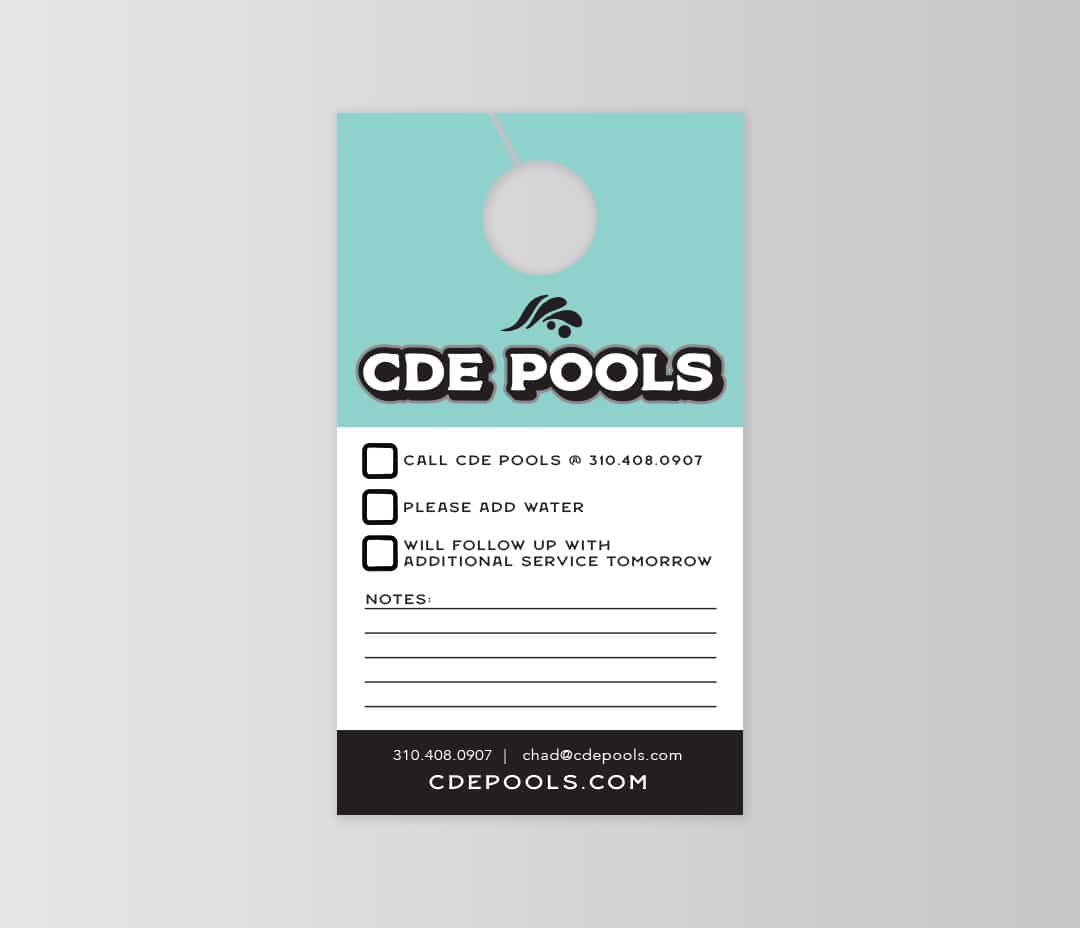 CDE Pool Service Door Hanger Teal Badge Style Logo Designed by Stellen Design Graphic Design and Branding in Los Angeles Ca using Water Elements for the Logo