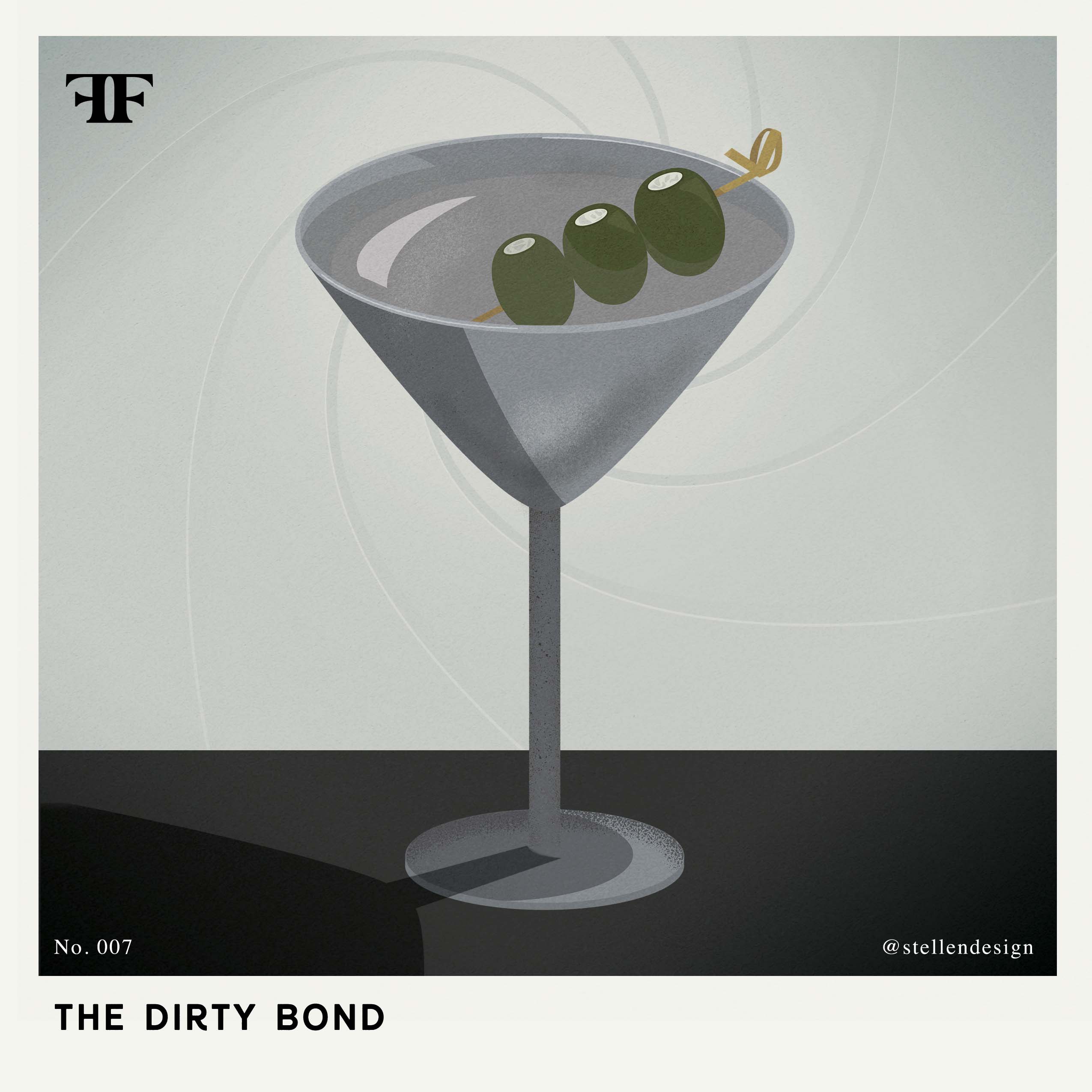 Cocktail illustration of a dirty bond martini at Fox & Farrow by Stellen Design Branding Agency in Los Angeles CA