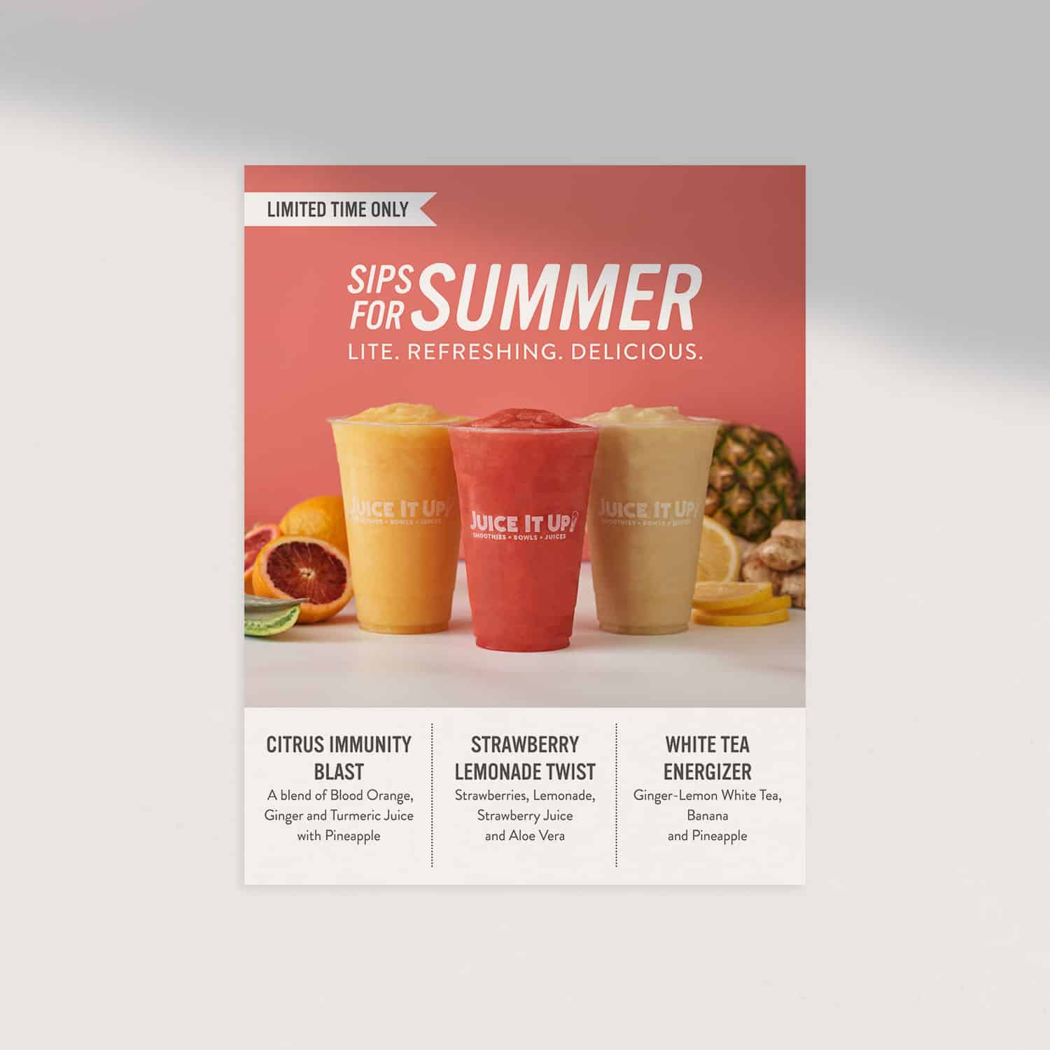 LTO poster design for Summer Juice It Up! by Stellen Design Branding and Logo Design agency in Los Angeles Ca Franchise Juice Bar