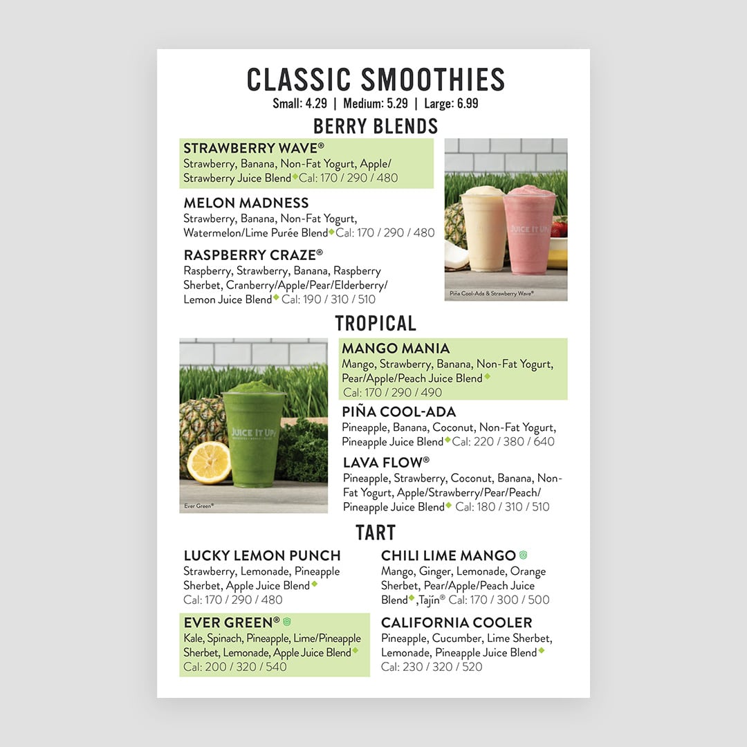 Juice It Up! Smoothie Menu Boards Designed by Stellen Design Branding Agency working with Franchise business in Southern California