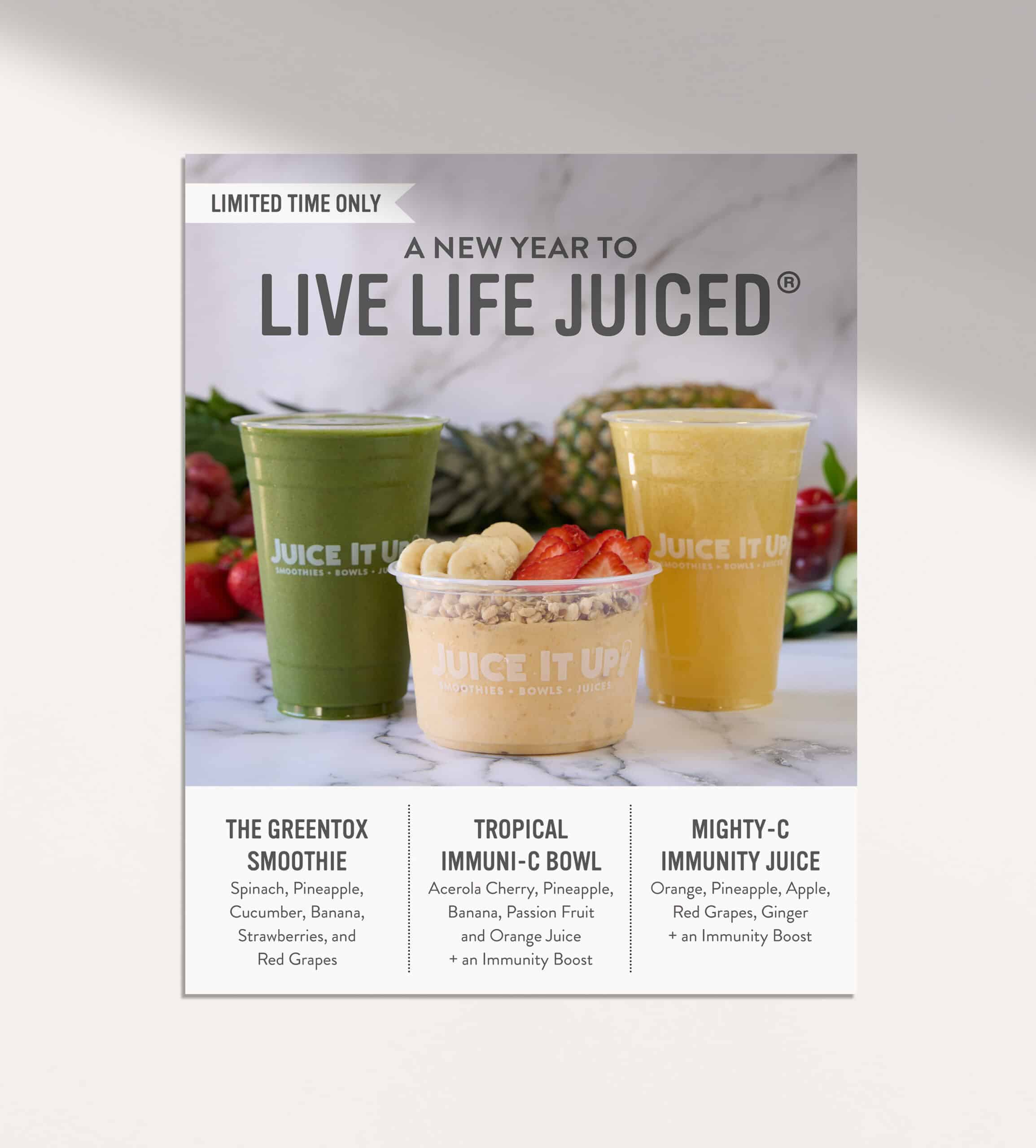 Juice It Up! Smoothie Menu Boards Designed by Stellen Design Branding Agency working with Franchise business in Souther California