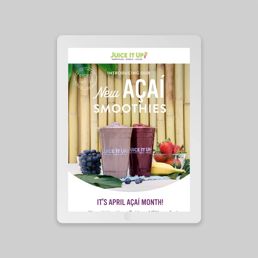 Acai Month Email design for Juice It Up Juice bars by Stellen Design Branding Agency in Los Angeles CA