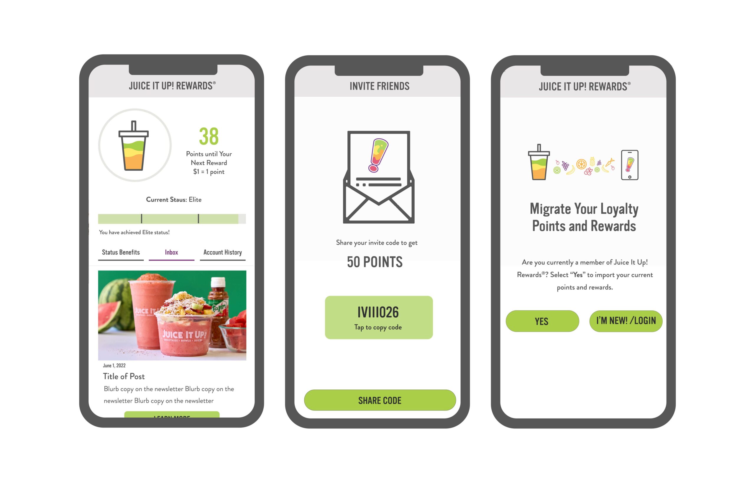 Mobile App Screens by Stellen Design for Juice It Up!'s rewards program