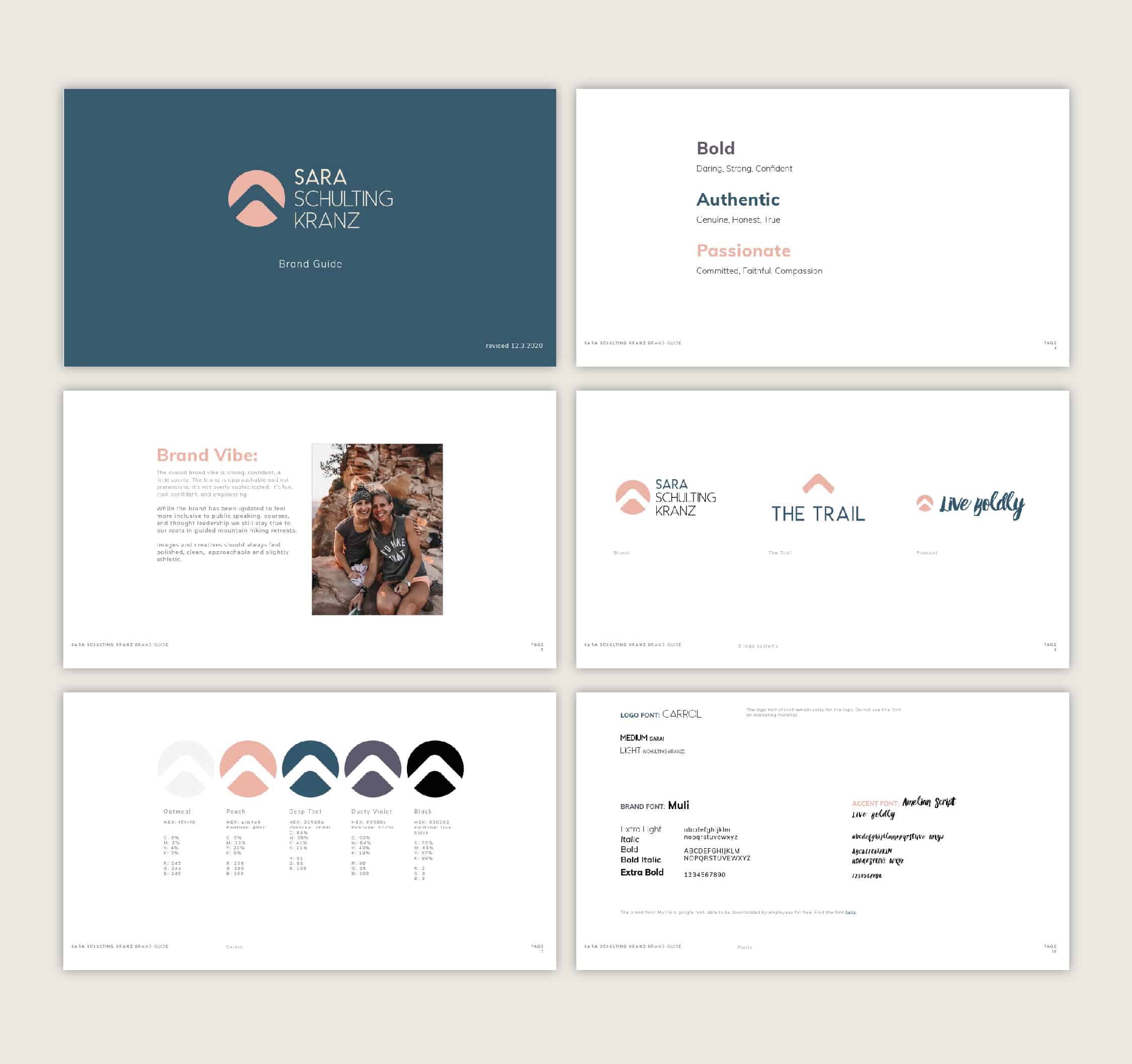 Pages of a brand guide prepared by Stellen Design Branding Agency in Los Angeles California showing brand vibes fonts and colors