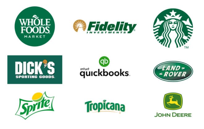 Green as a brand color on Collection of green logos showing Starbucks and Whole Foods by Stellen Design Branding Agency in Los Angeles CA