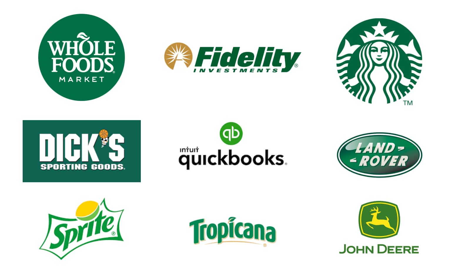 Green as a brand color on Collection of green logos showing Starbucks and Whole Foods by Stellen Design Branding Agency in Los Angeles CA