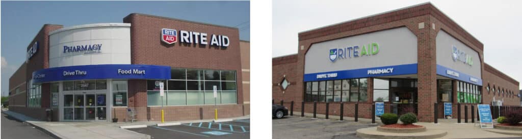 Rite Aid logo showing the old red logo vs the blue and green new logo by Stellen Design Branding Agency in Los Angeles CA