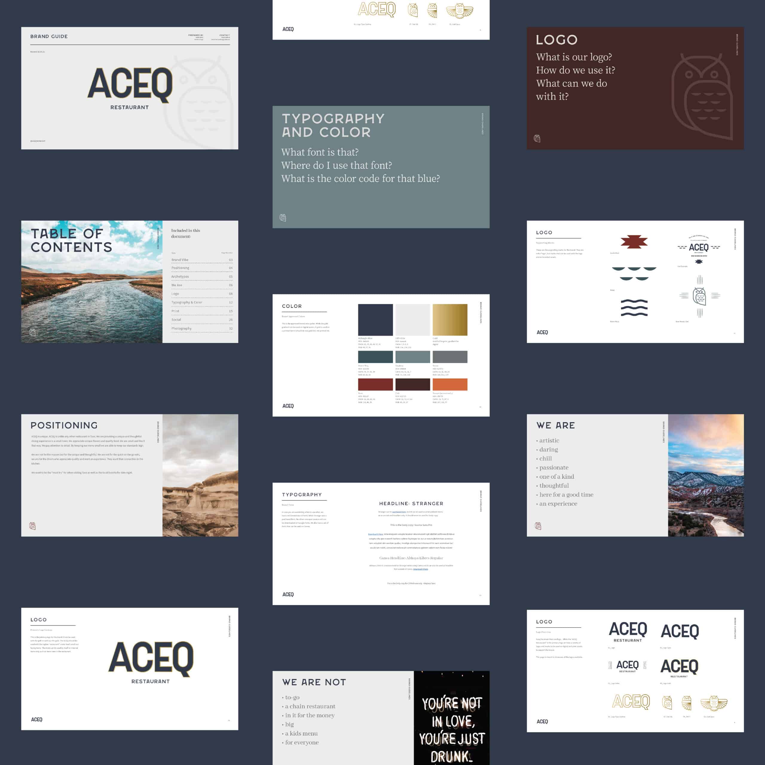 Brand Guide for ACEQ Restaurant in Taos New Mexico of cool and thoughtful branding by Stellen Design Branding Agency in Los Angeles CA