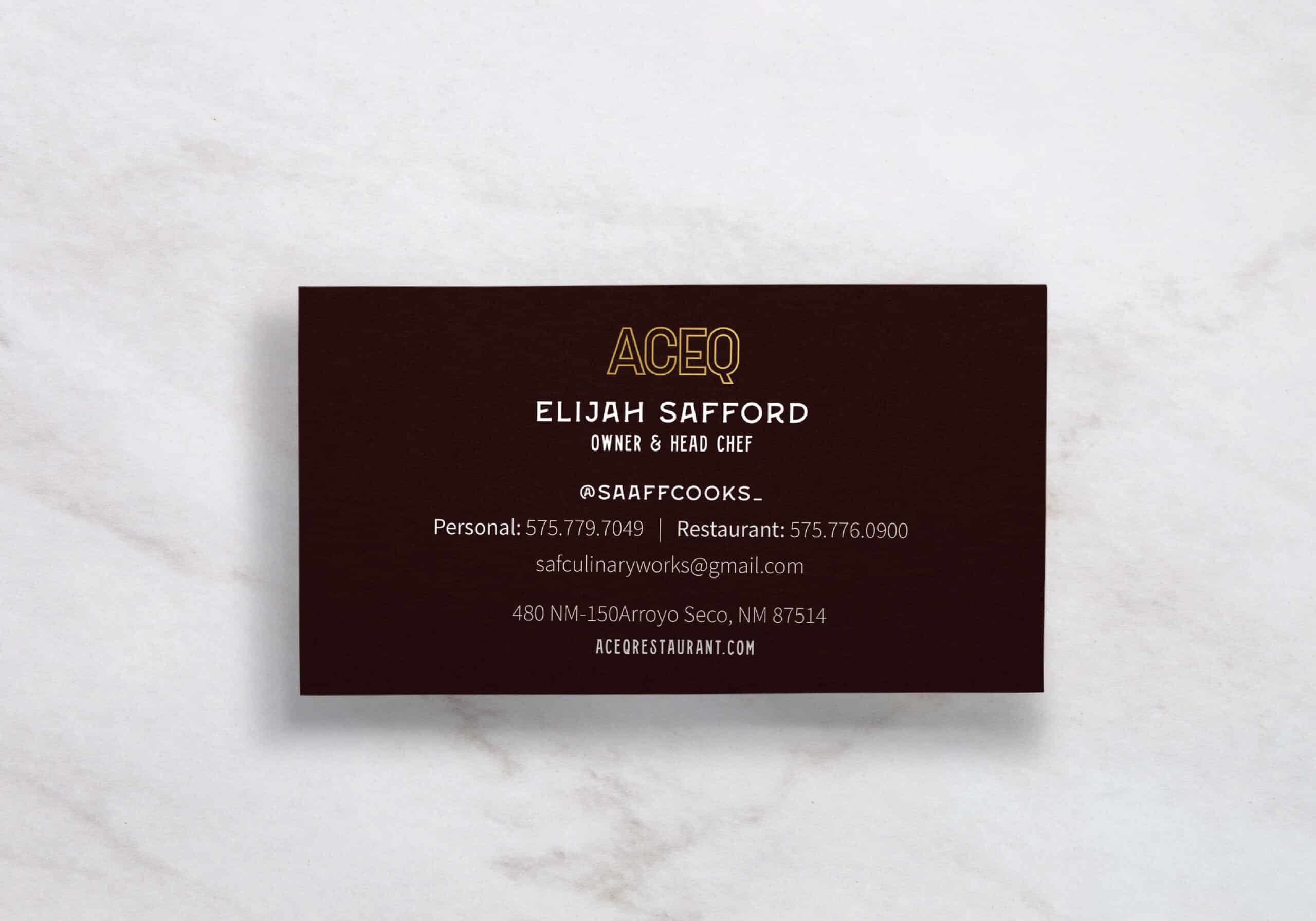 Business Cards for ACEQ Restaurant in Taos New Mexico Logo Design By Stellen Design Branding and Logo Design Agency in Los Angeles CA