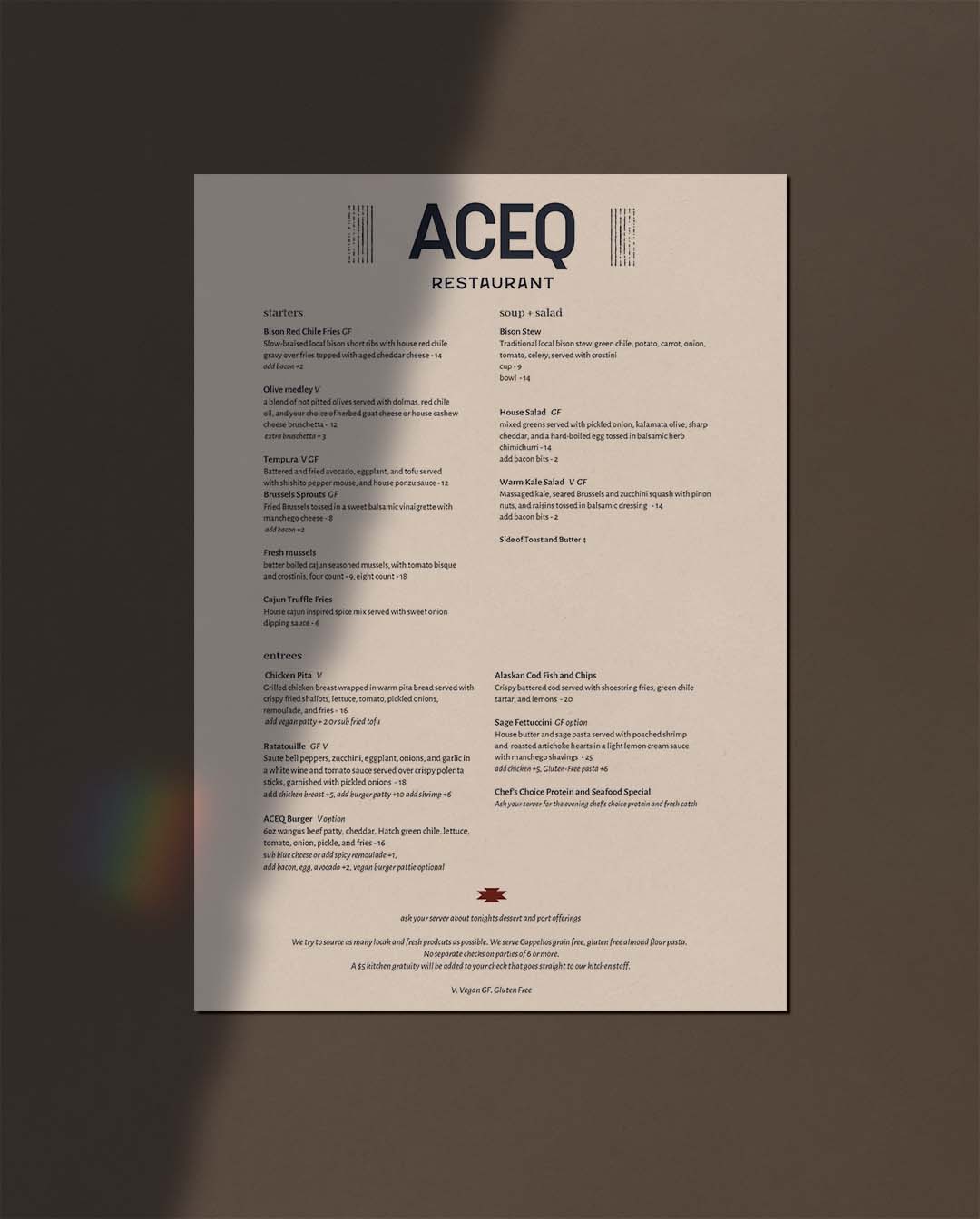 ACEQ Restaurant in Taos New Mexico Menu Design and Branding By Stellen Design Branding Agency in Los Angeles California Specializing in Logo Design