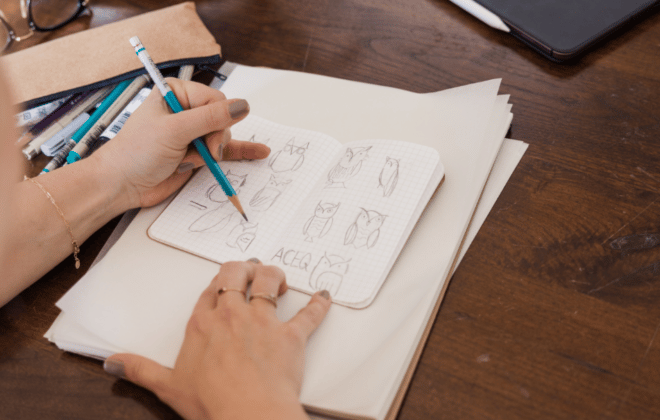 Jordis Small Designing a logo with pencil and paper for How Long Does it take to design a logo on Stellen Design Blog Logo Design Agency in Los Angeles
