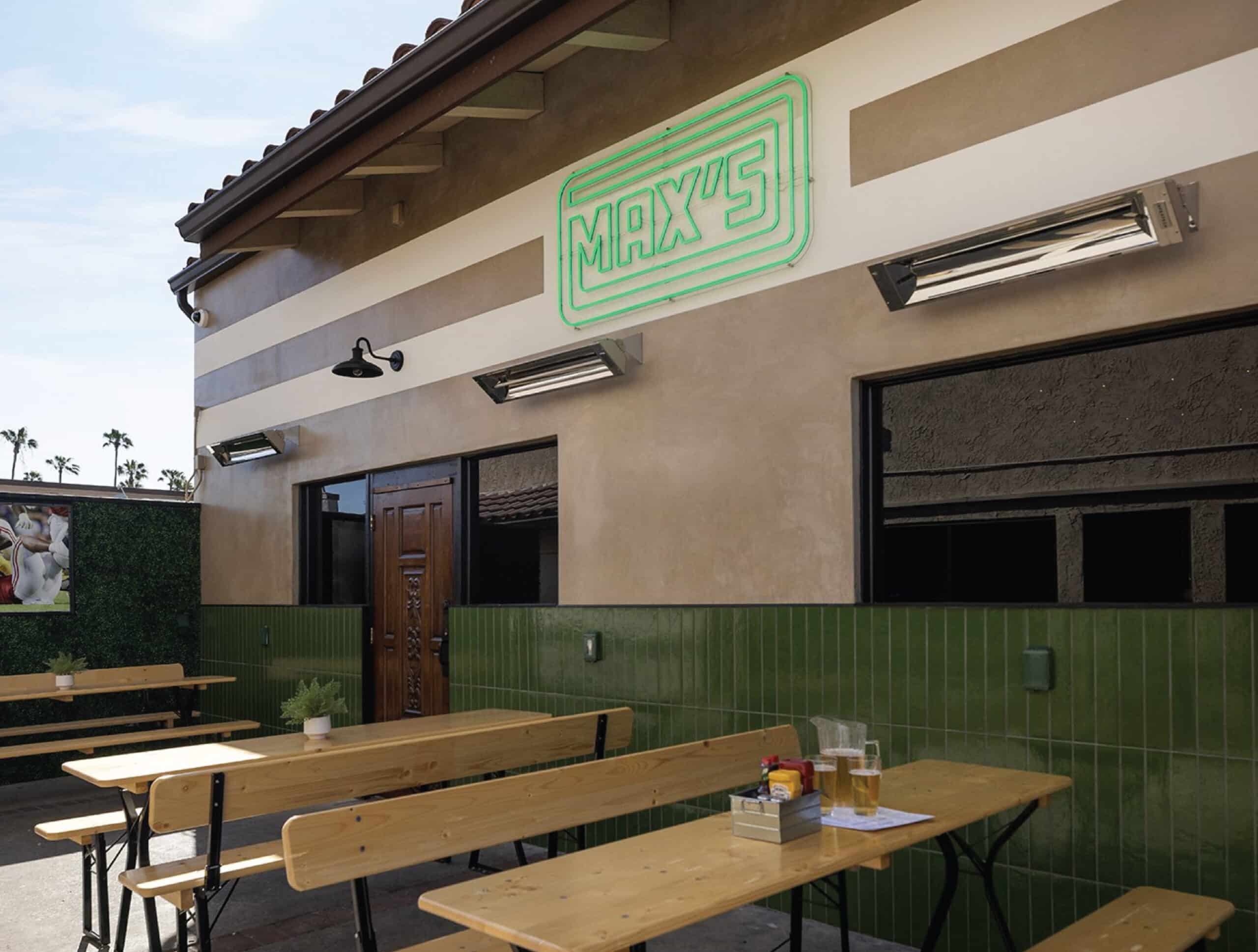 Exterior of Maxs Sports grill in Huntington Beach by Sage Gracie with the branding support of Stellen Design brand identity design