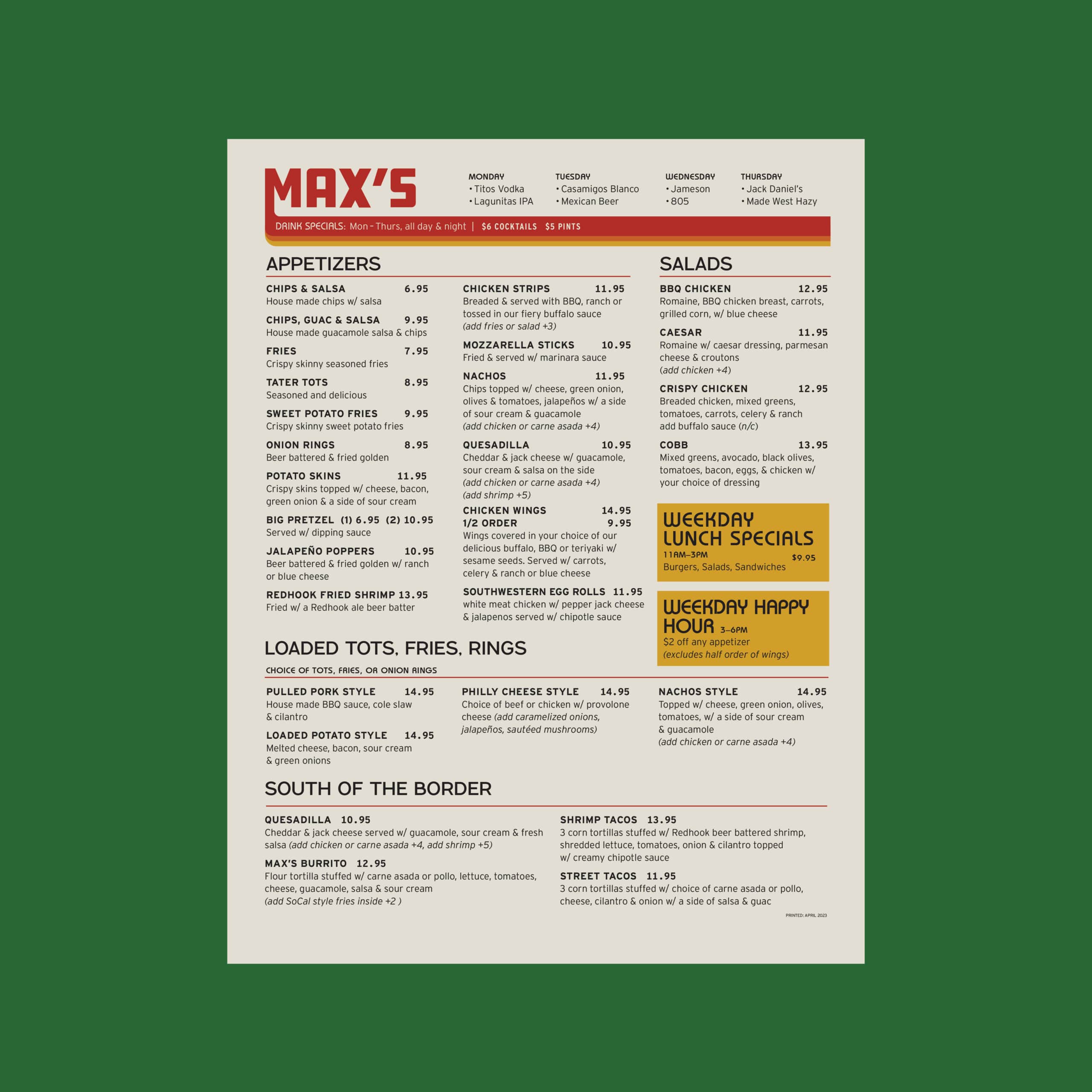 Menu Design for Maxs Sports grill in Huntington Beach California by Stellen Design specializing in Hospitality group branding brand design and logo design