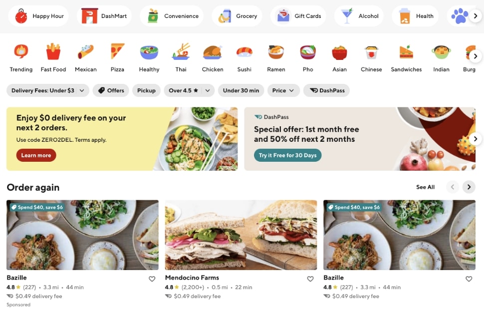 Screengrab of doordash main screen with many restaurant options