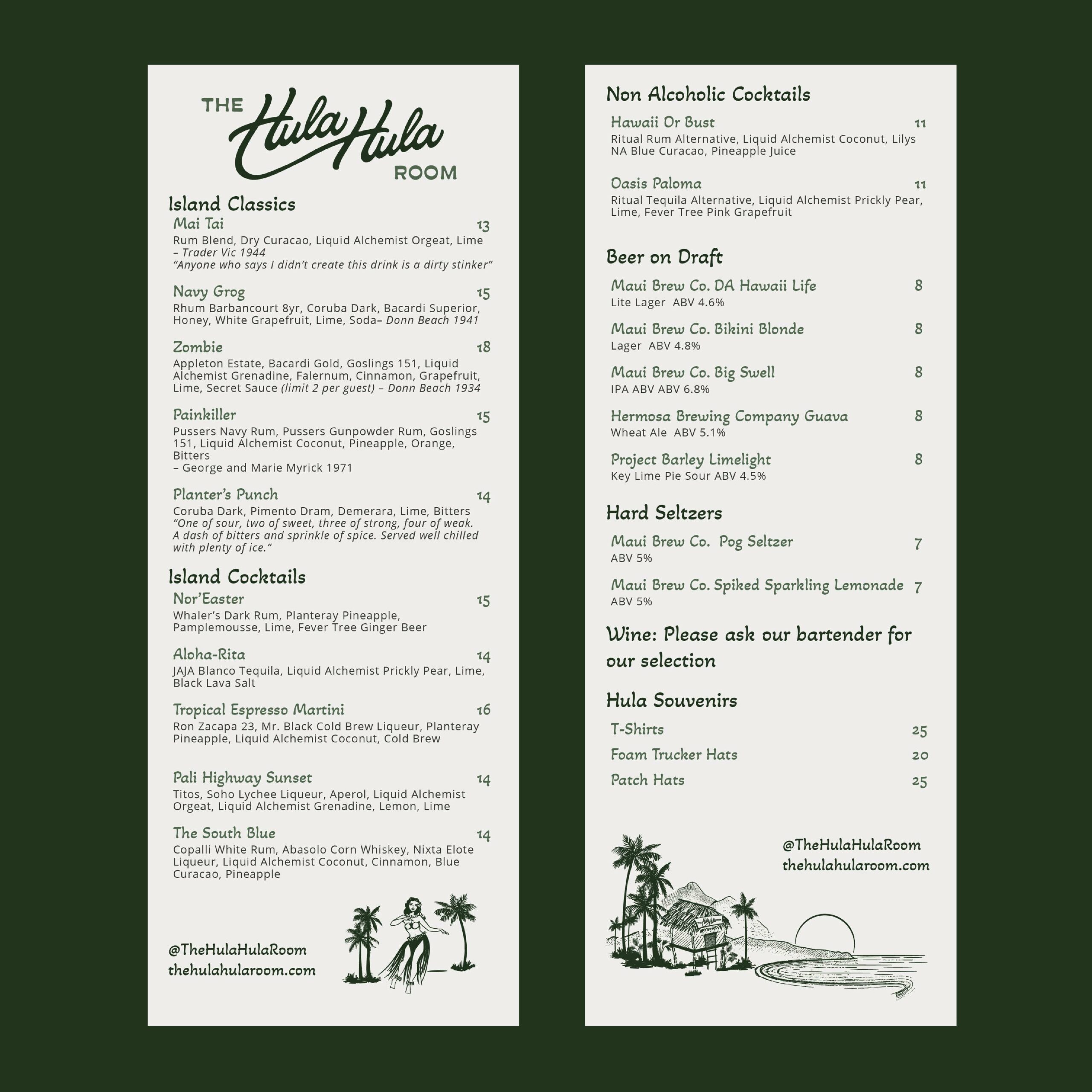 menu for The Hula Hula Room Tiki Bar in Torrance California designed by Stellen Design logo design and branding agency in Los Angeles California specializing in logo design for hospitality brands