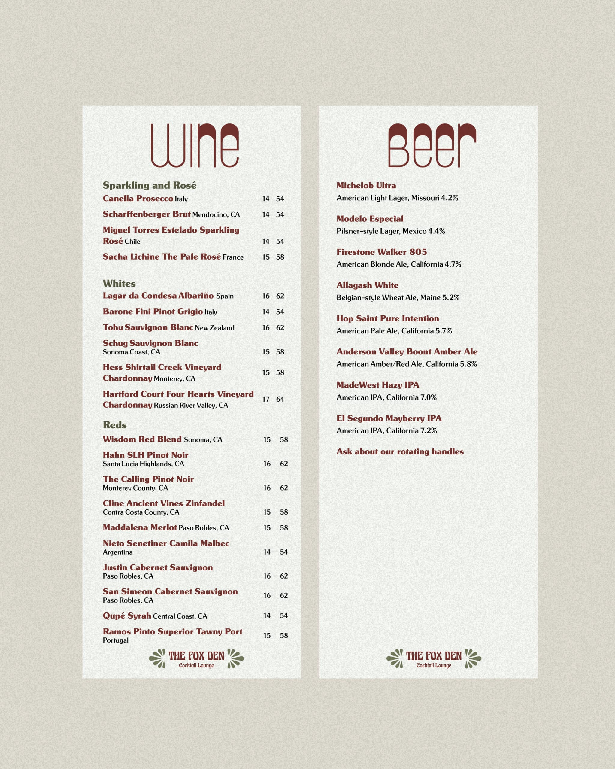 The Fox Den's photo-worthy cocktail menu, a design by Stellen Design that enhances the bar's branding and showcases their unique drink offerings in Redondo Beach.