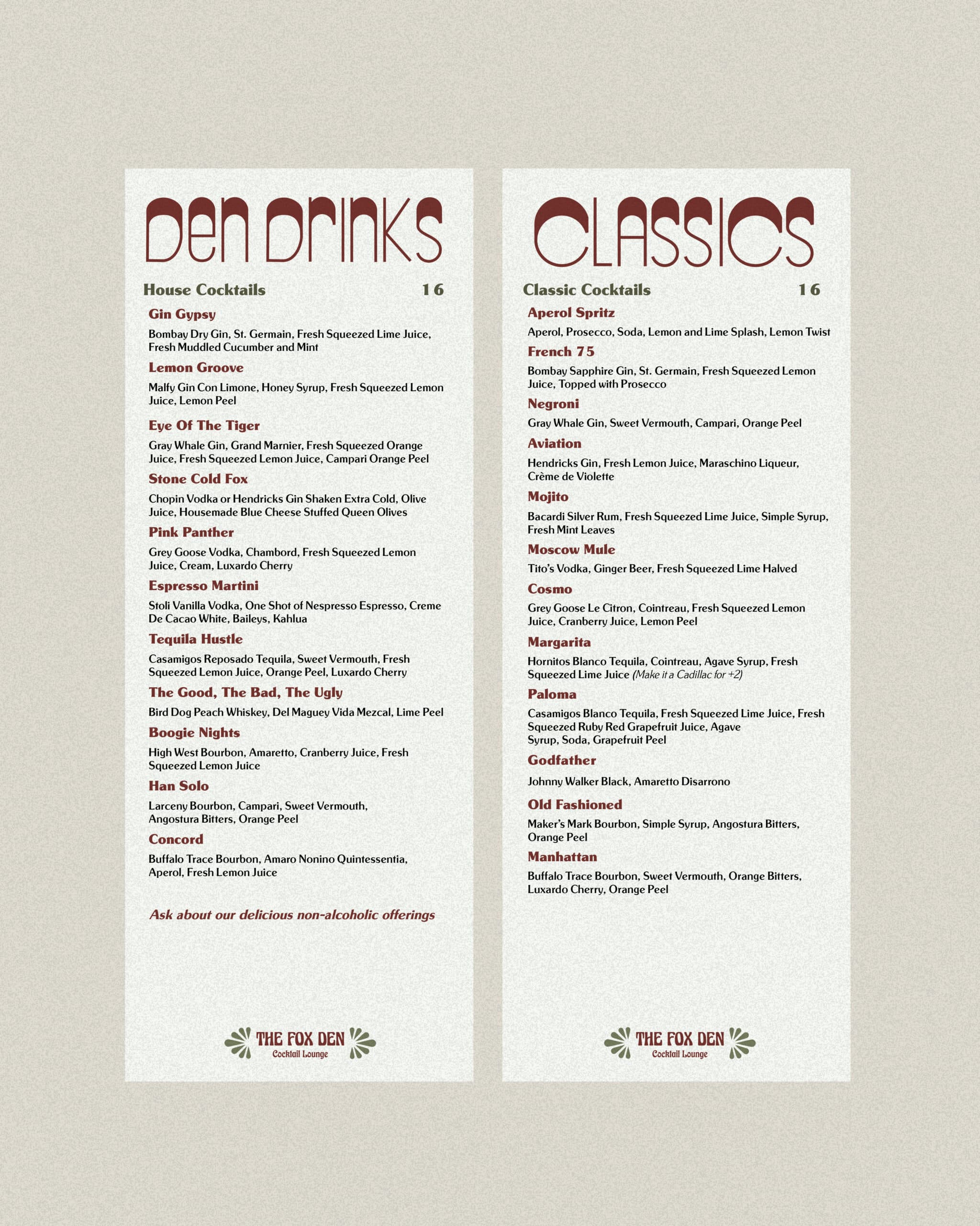 The Fox Den's photo-worthy cocktail menu, a design by Stellen Design that enhances the bar's branding and showcases their unique drink offerings in Redondo Beach.
