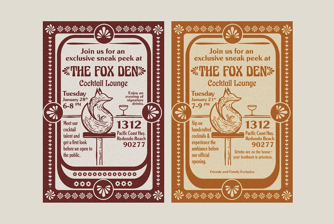 The Fox Den cocktail bar in Redondo Beach featuring a custom mural of a fox with a martini, a memorable piece of their hospitality branding designed by Stellen Design.